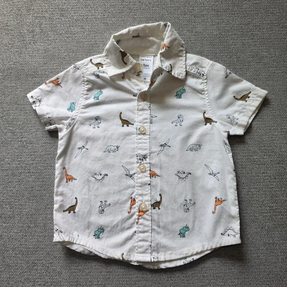Carters Baby Boy White Dinosaur Print Short Sleeve Button Down Shirt 3M 1H393310